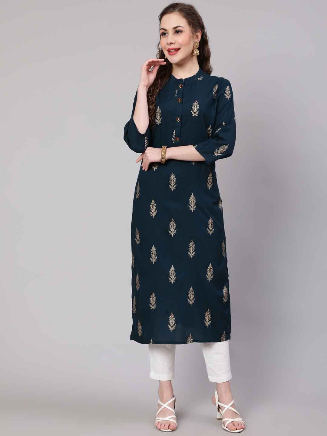 

KALINI Paisley Printed Round Mandarin Collar Straight Kurta, Teal