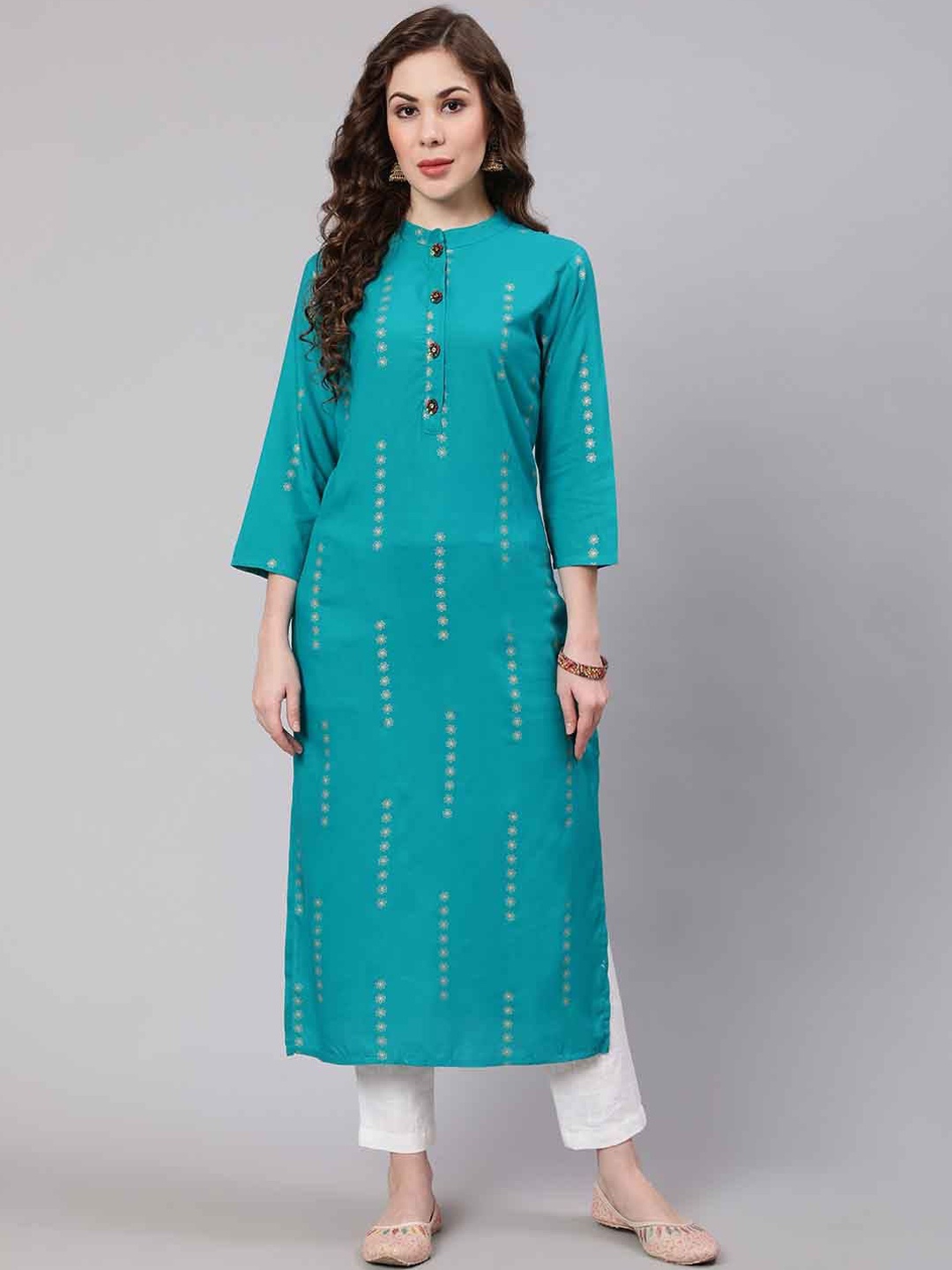 KALINI Floral Printed Mandarin Collar Straight Kurta, Turquoise blue