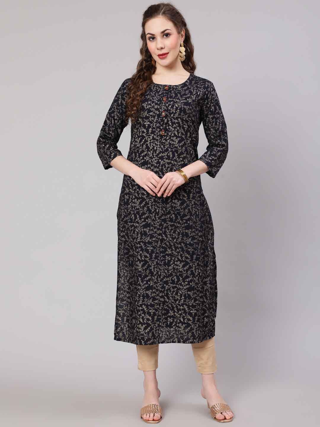 

KALINI Floral Printed Round Neck Straight Kurta, Navy blue