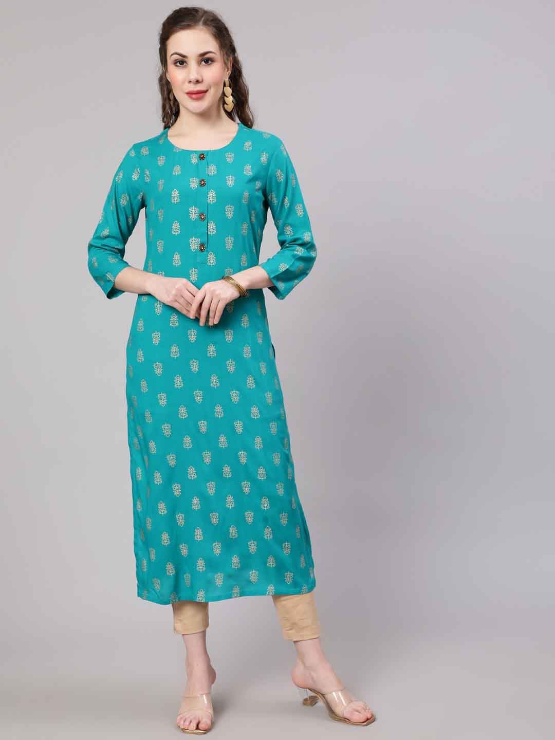 KALINI Floral Printed Round Neck Straight Kurta, Turquoise blue