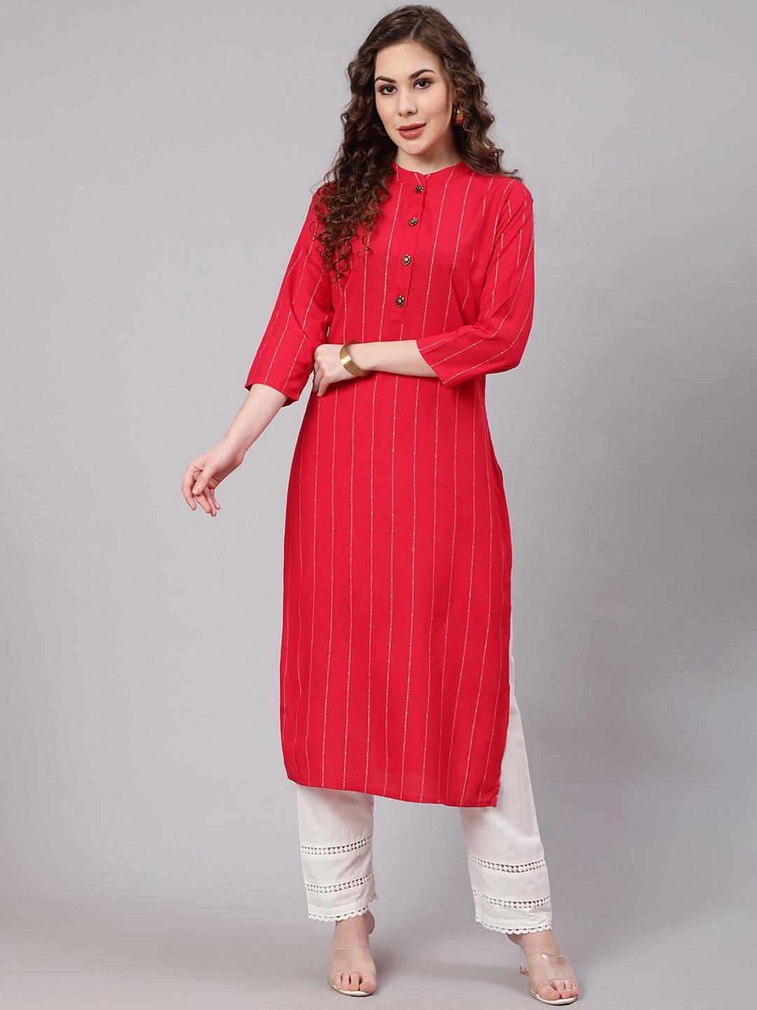 

KALINI Striped Printed Round Neck Kurta, Pink