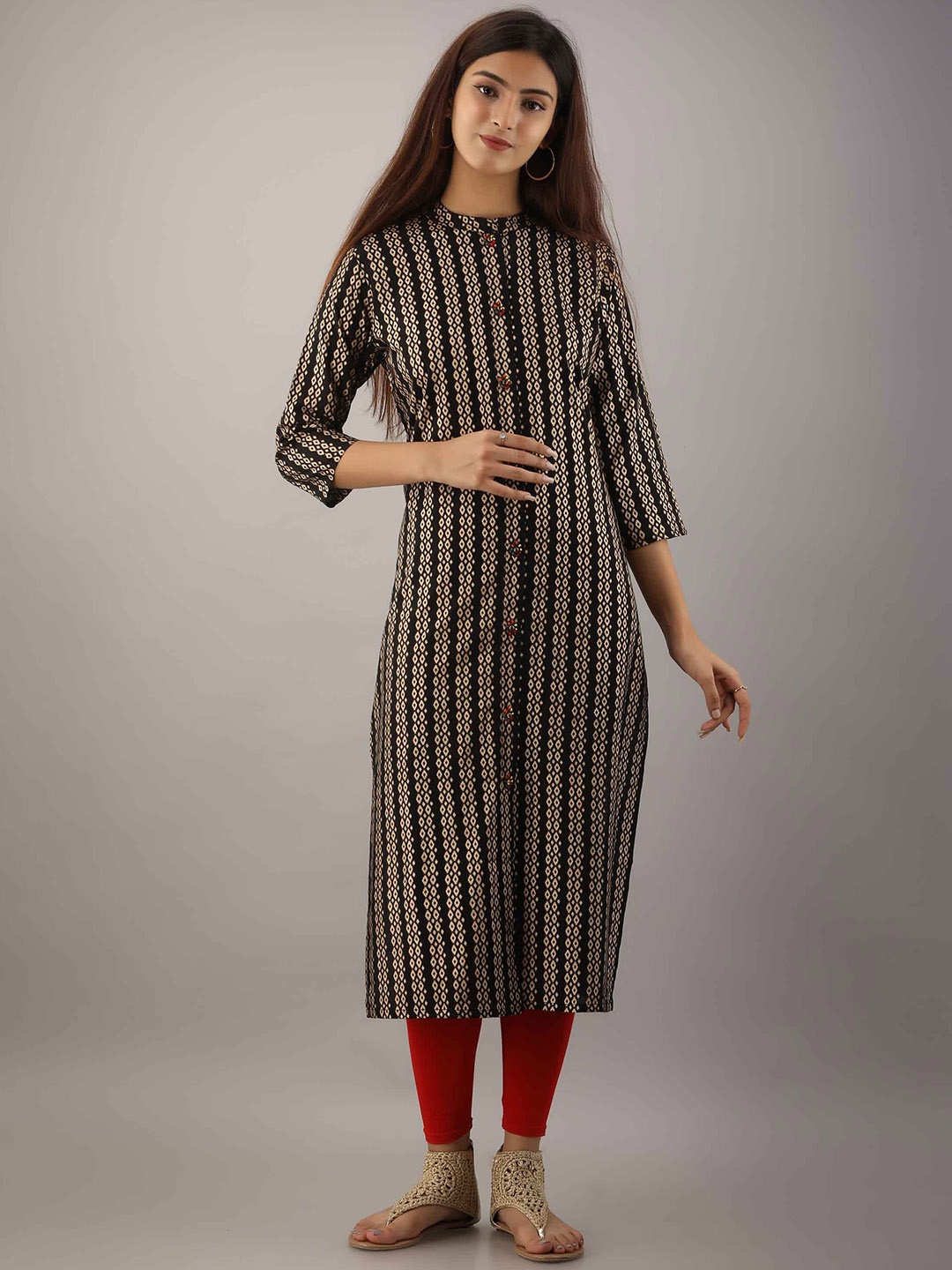 

KALINI Striped Mandarin Collar Full Sleeves Cotton A-Line Kurta, Black