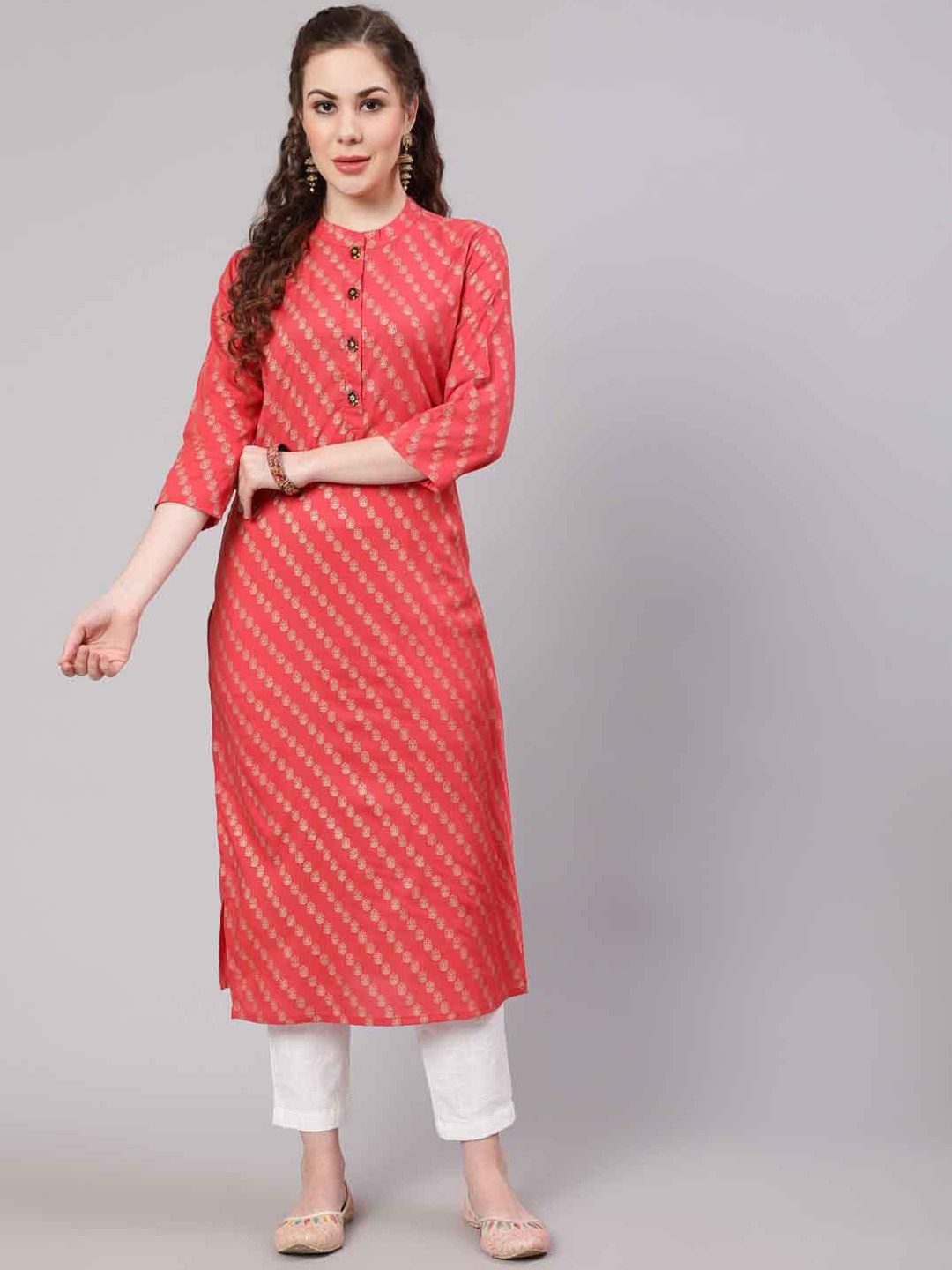KALINI Floral Printed Round Neck Kurta, Pink