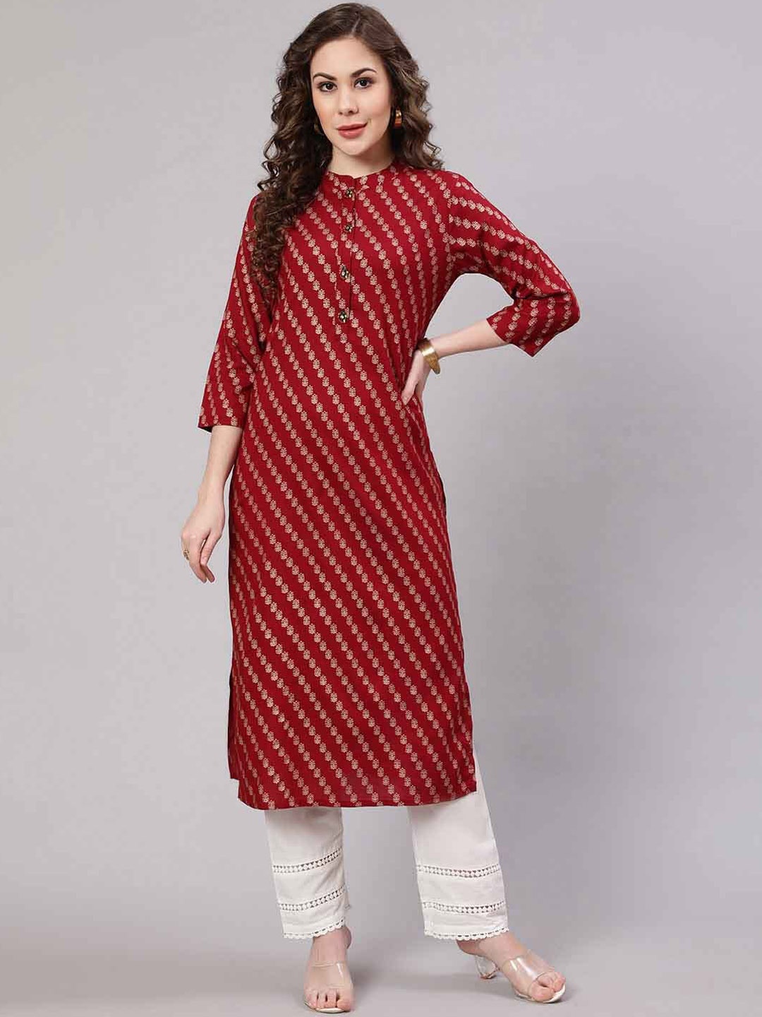 

KALINI Floral Printed Mandarin Collar Straight Kurta, Maroon