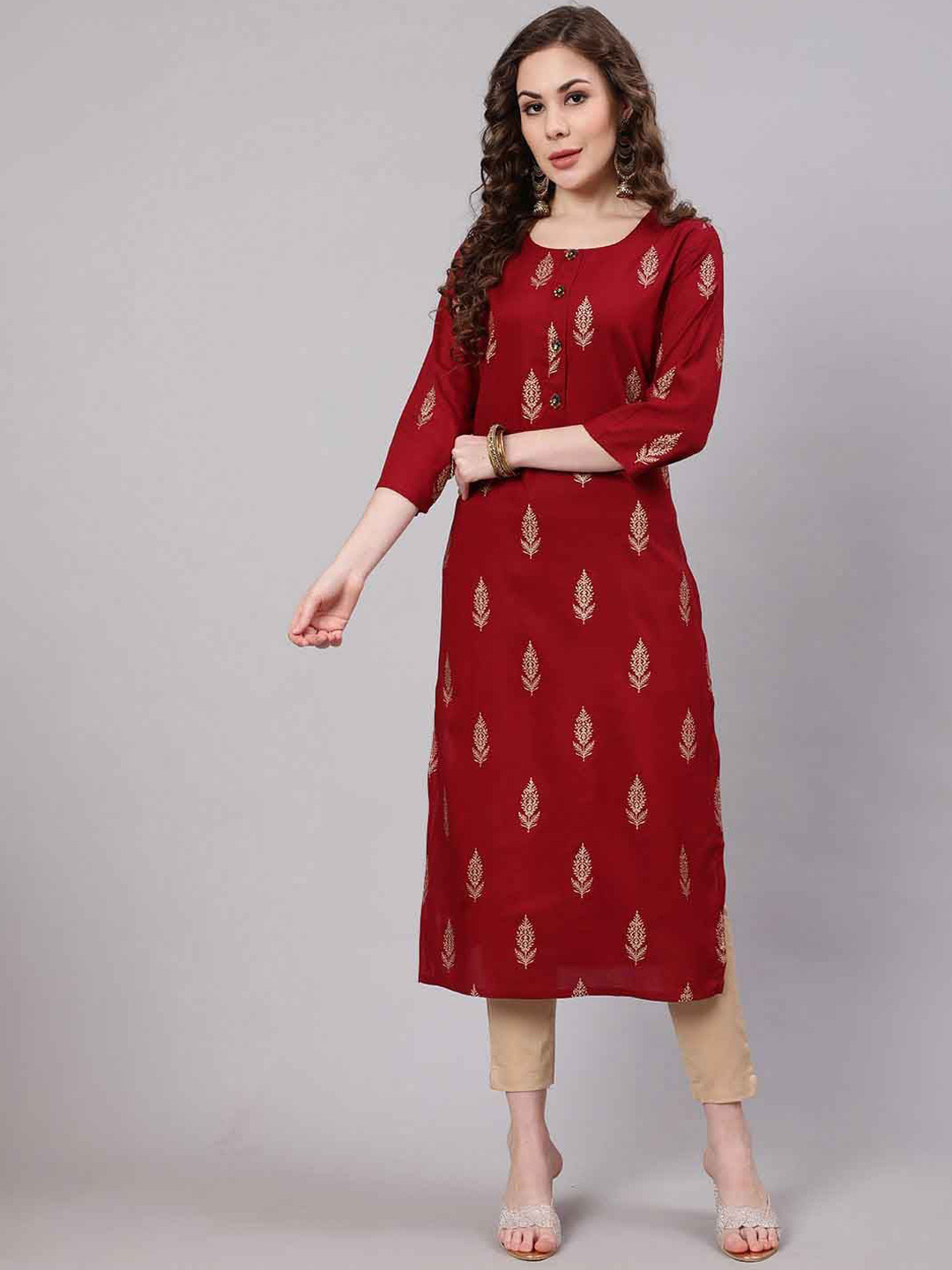 

KALINI Square Regular Sleeves Gotta Patti Viscose Rayon A-Line Kurta, Maroon
