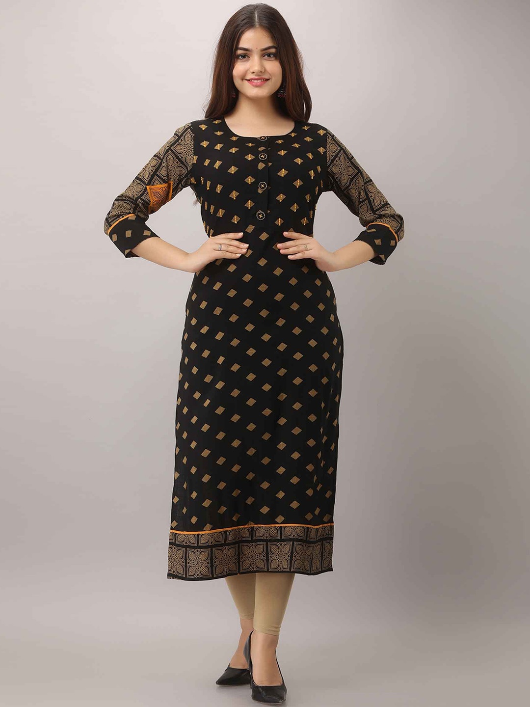 

KALINI Geometric Boat Neck Full Sleeves Cotton A-Line Kurta, Black