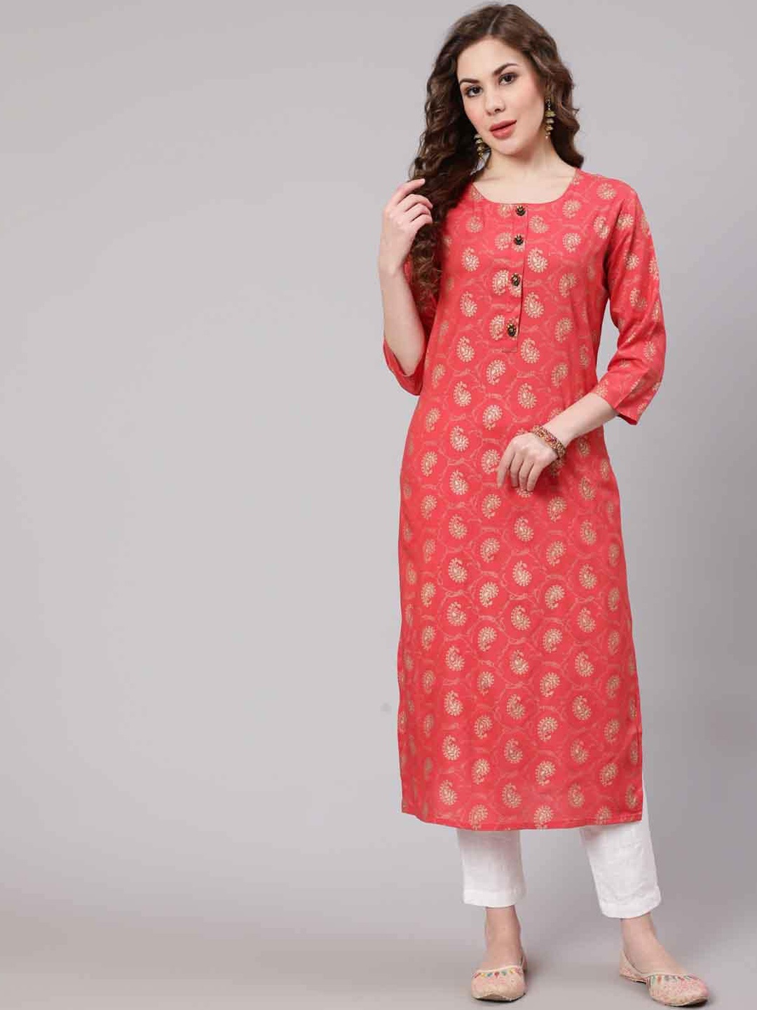 

KALINI Paisley Printed Round Neck Straight Kurta, Pink