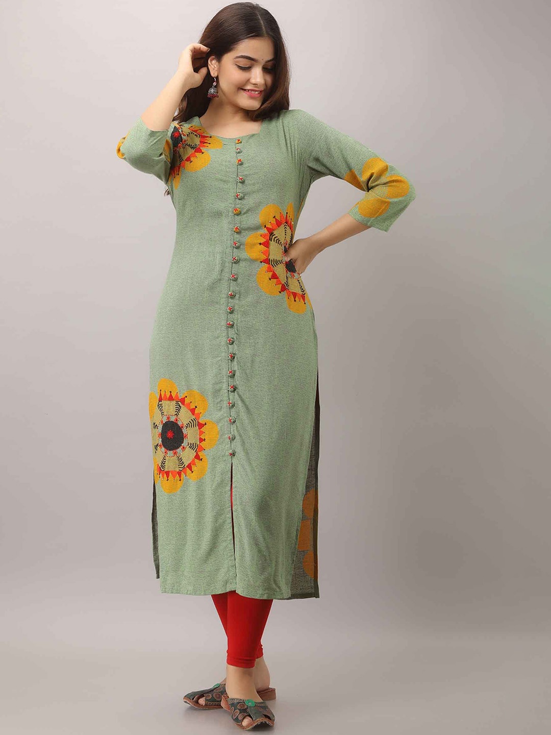 

KALINI Striped Square Neck Full Sleeves Cotton A-Line Kurta, Green