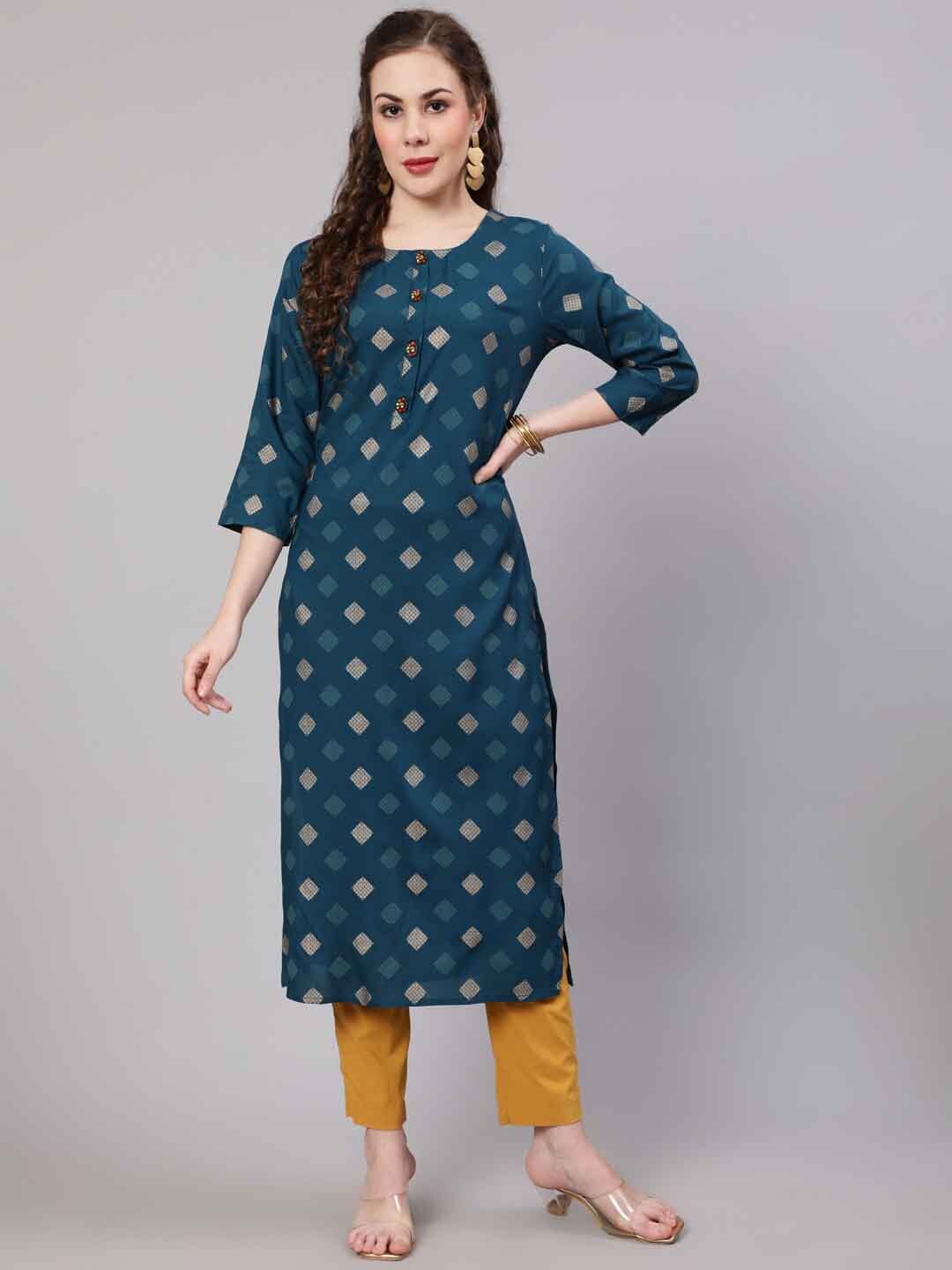 

KALINI Geometric Boat Neck Full Sleeves Viscose Rayon A-Line Kurta, Teal
