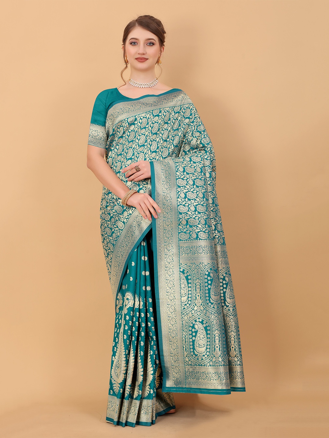 

NIWAA Paisley Woven Design Silk Kanjeevaram Saree, Turquoise blue