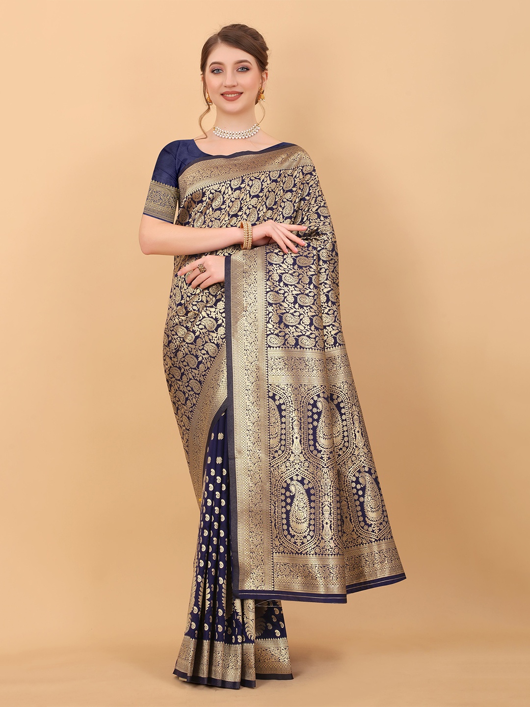 

NIWAA Paisley Woven Design Silk Kanjeevaram Saree, Navy blue