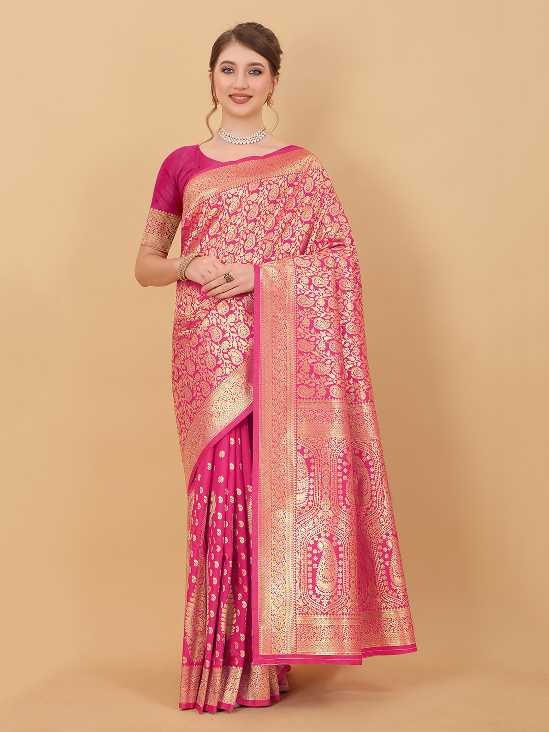 

NIWAA Paisley Woven Design Silk Kanjeevaram Saree, Pink