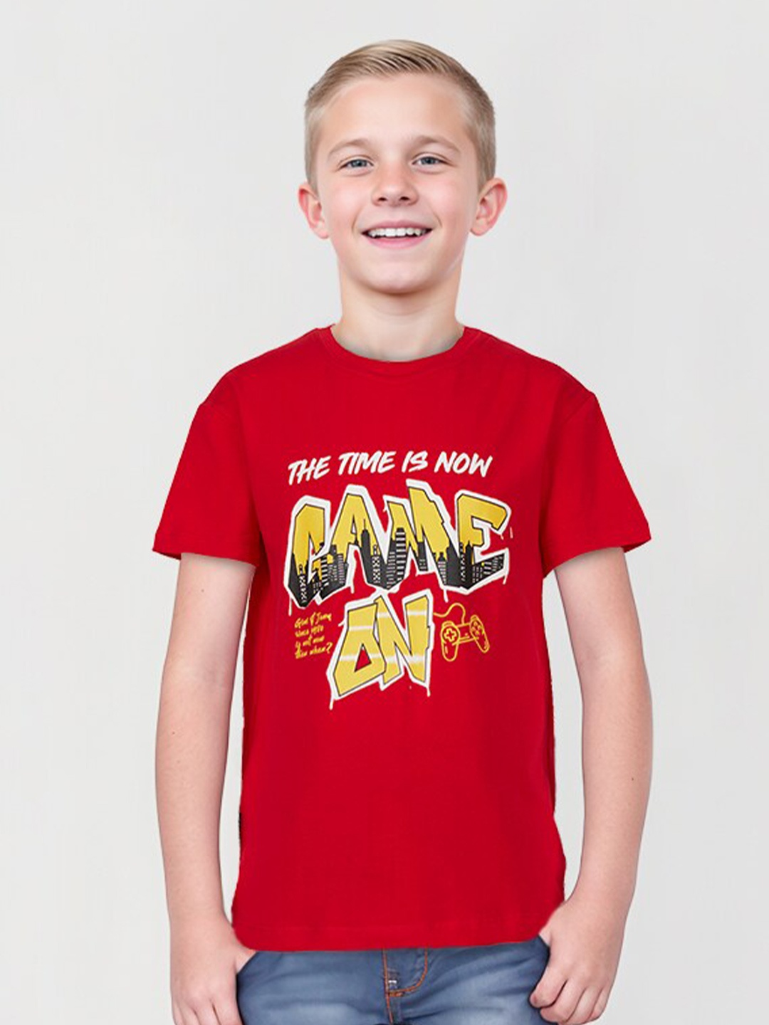 

Gini and Jony Boys Typography Printed Cotton T-shirt, Red