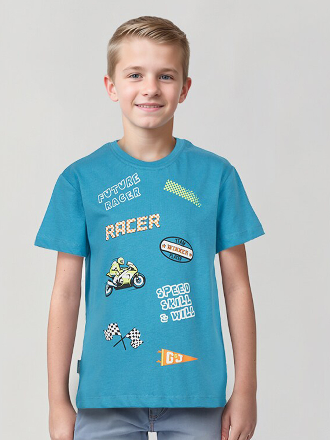 

Gini and Jony Boys Typography Printed Cotton T-shirt, Blue
