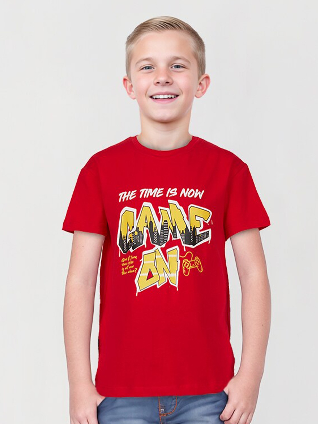 

Gini and Jony Boys Typography Printed Cotton T-shirt, Red