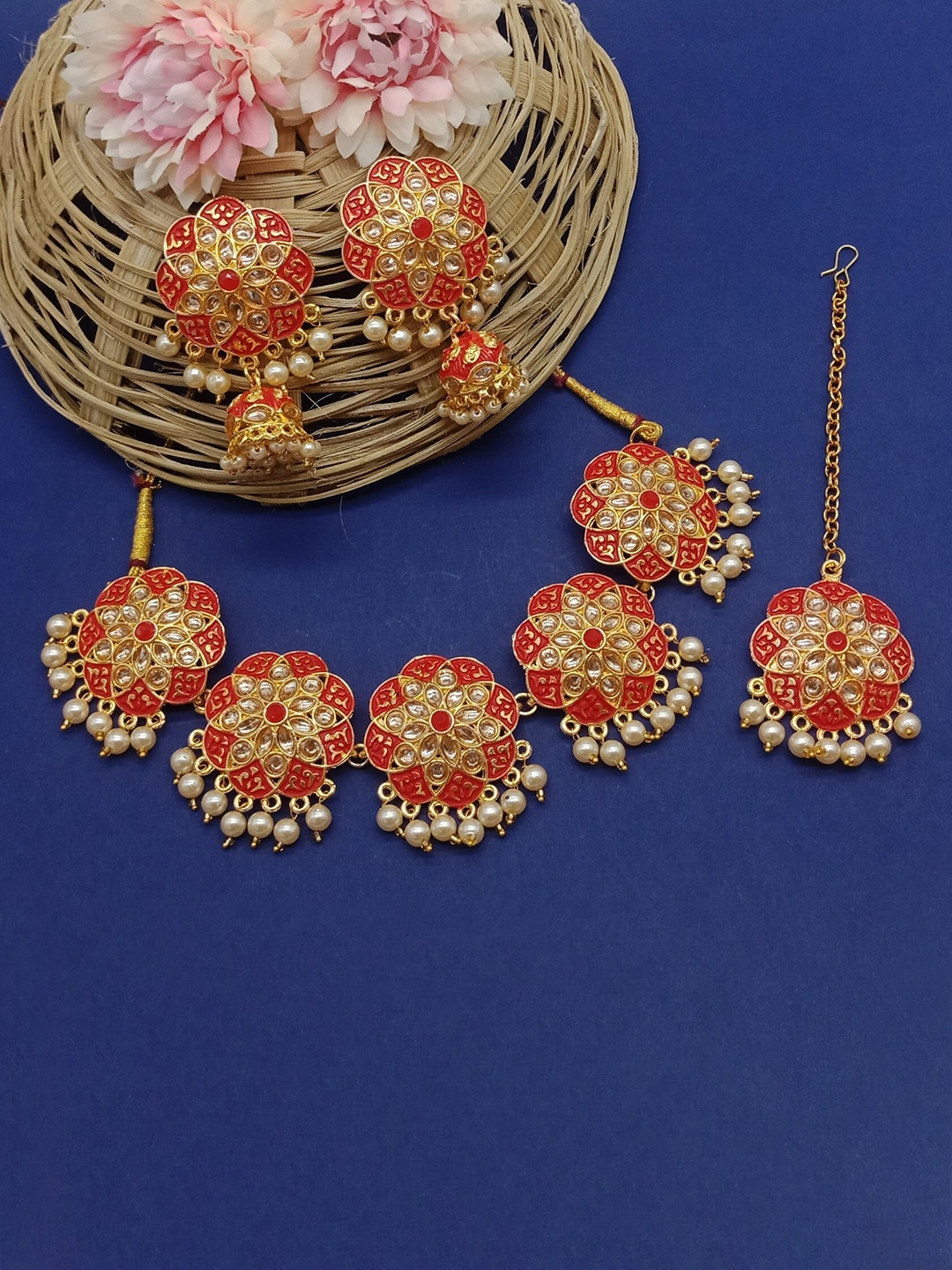 

AASHISH IMITATION Gold Plated Kundan Studded & Beaded Meenakari Jewellery Set