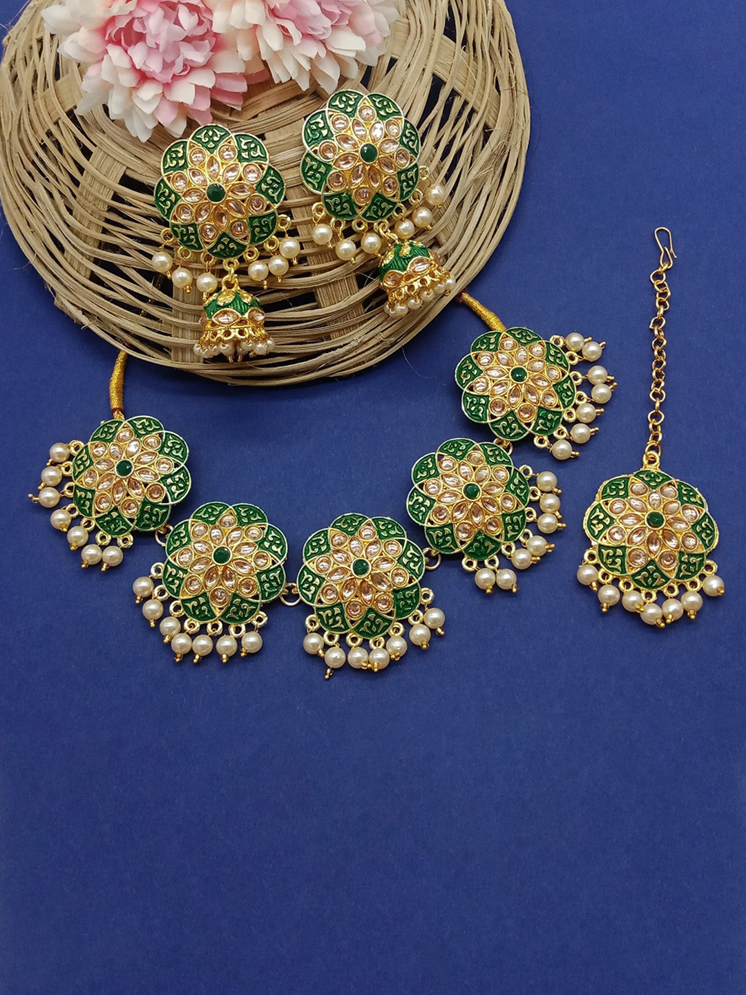 

AASHISH IMITATION Gold Plated Kundan Studded & Beaded Meenakari Jewellery Set