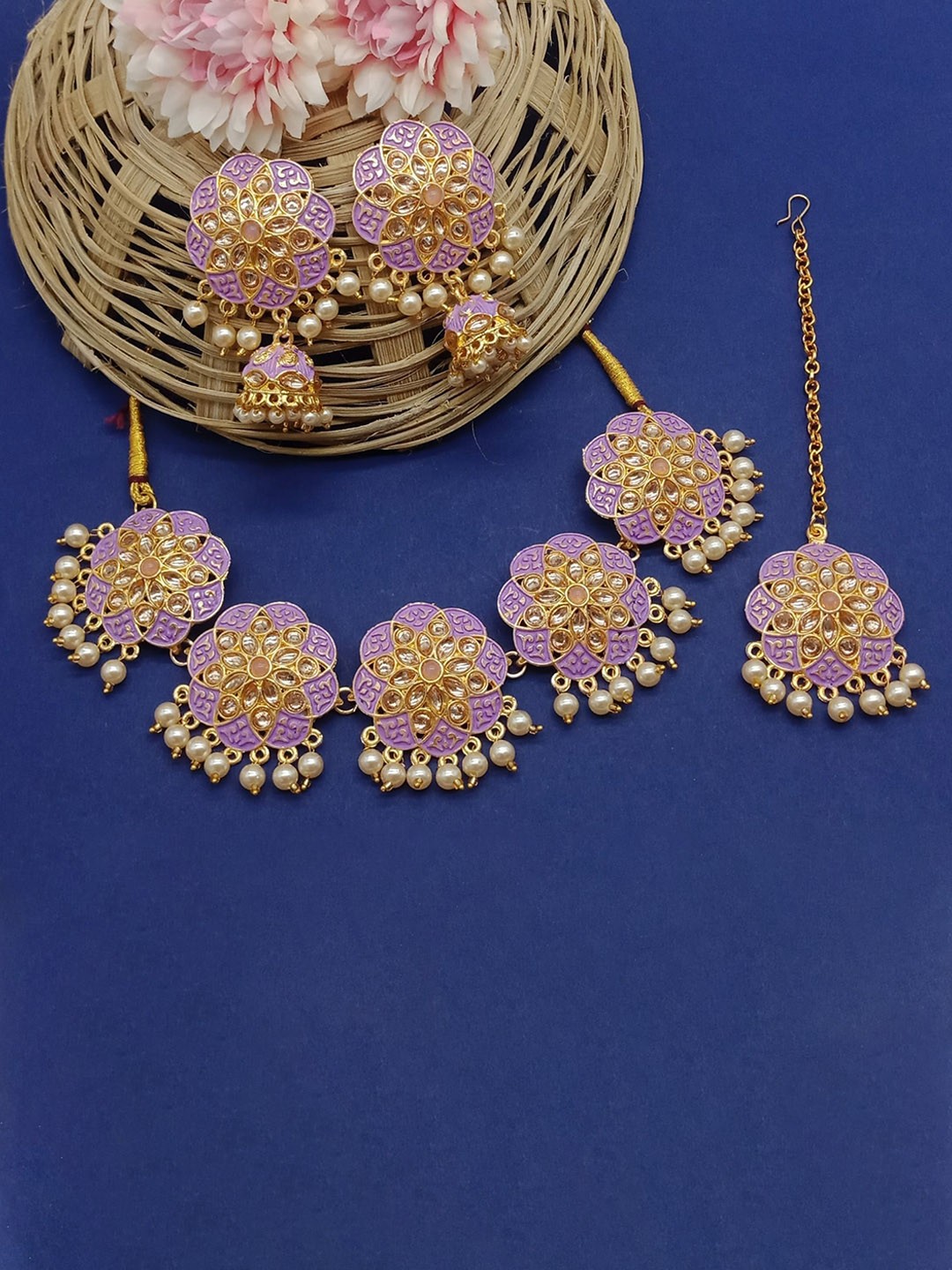 

AASHISH IMITATION GGold Plated Kundan Studded & Beaded Meenakari Jewellery Set, Gold