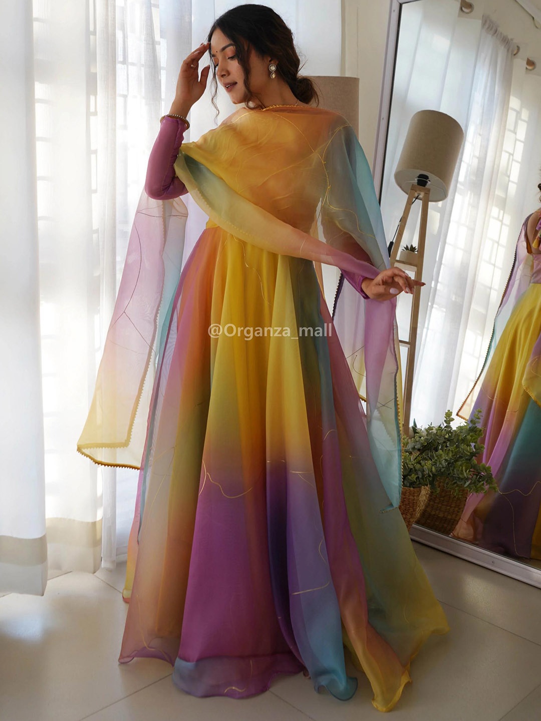

White World Round Neck Ethnic Dress & Dupatta, Yellow