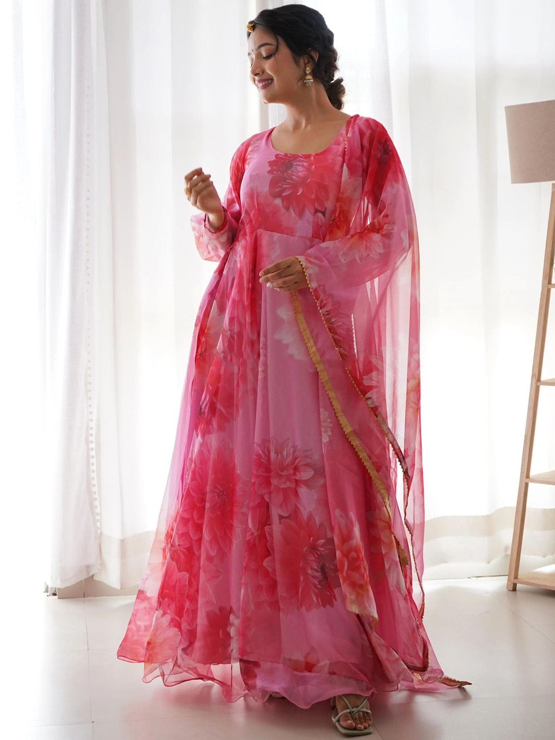 

White World Women Floral Printed Anarkali Kurta with Dupatta, Pink