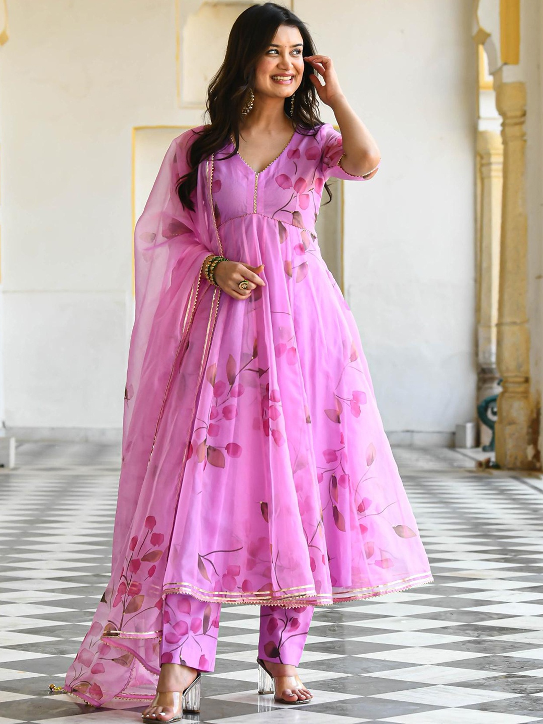 

White World Floral Printed Gotta Patti V Neck Anarkali Kurta with Trousers & Dupatta, Pink