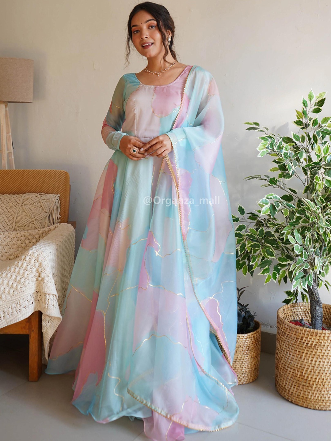 

White World Round Neck Ethnic Dress & Dupatta, Turquoise blue