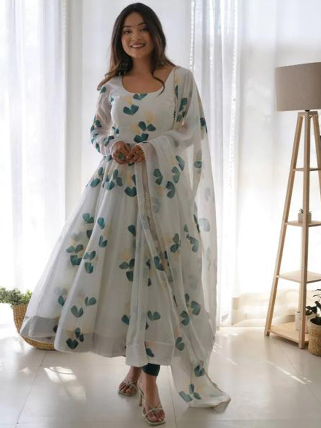 

White World Floral Printed Gotta Patti Round Neck Anarkali Kurta with Trousers & Dupatta, Green