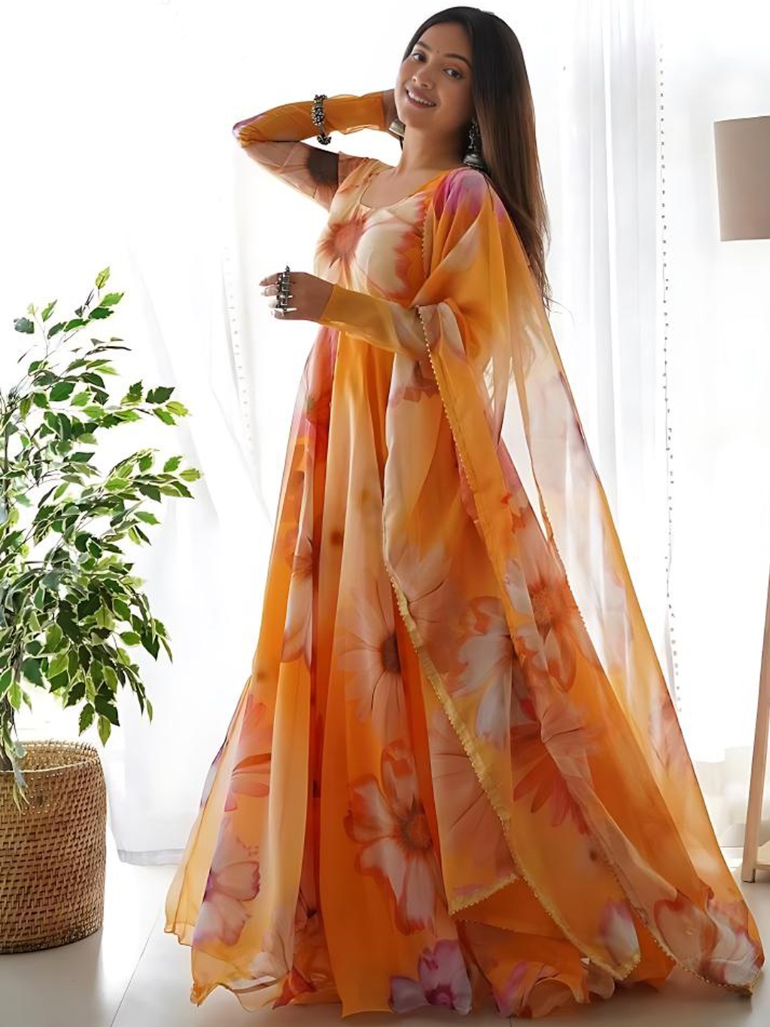 

White World Floral Printed Anarkali Style Ethnic Maxi Dress with Dupatta, Orange