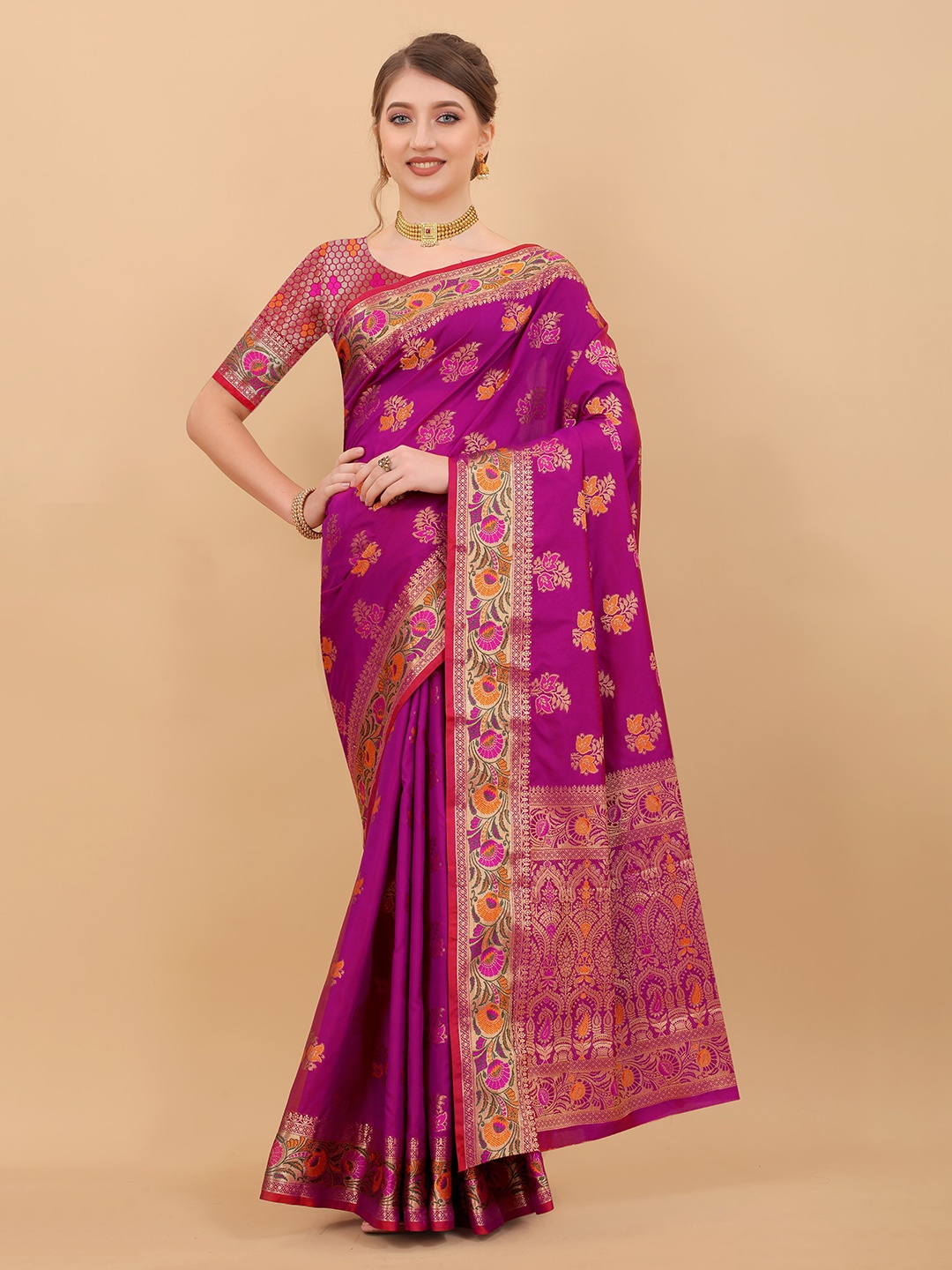 

NIWAA Floral Woven Design Silk Kanjeevaram Saree, Pink