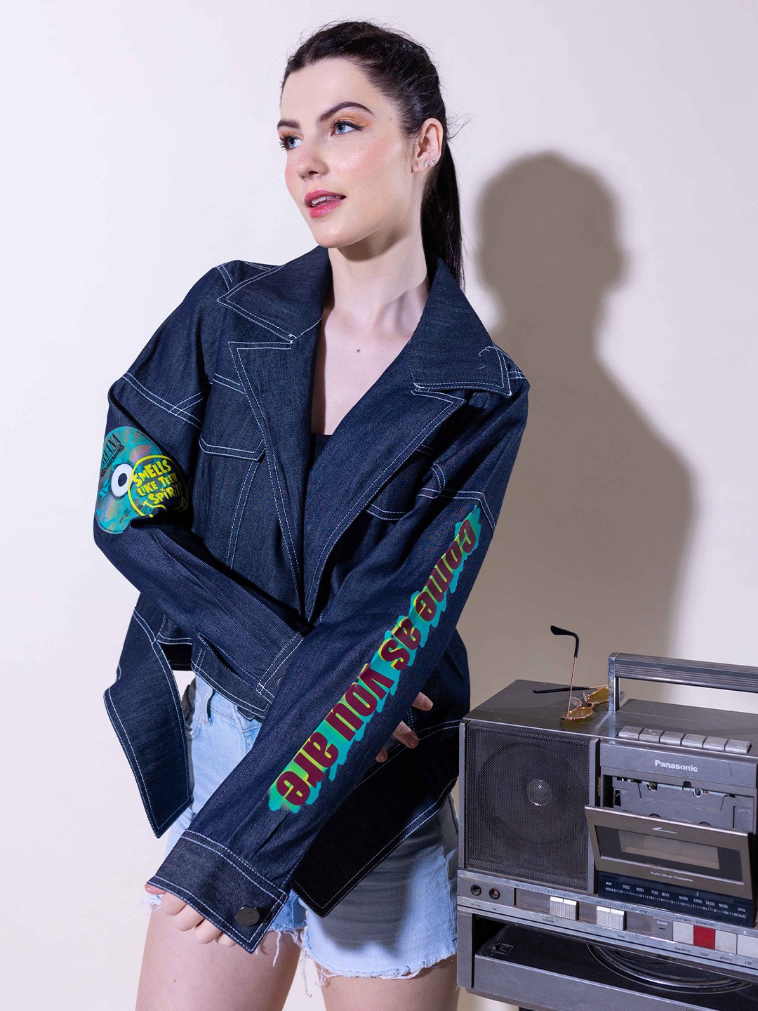 

Stylecast X Hersheinbox Typography Printed Denim Jacket, Black