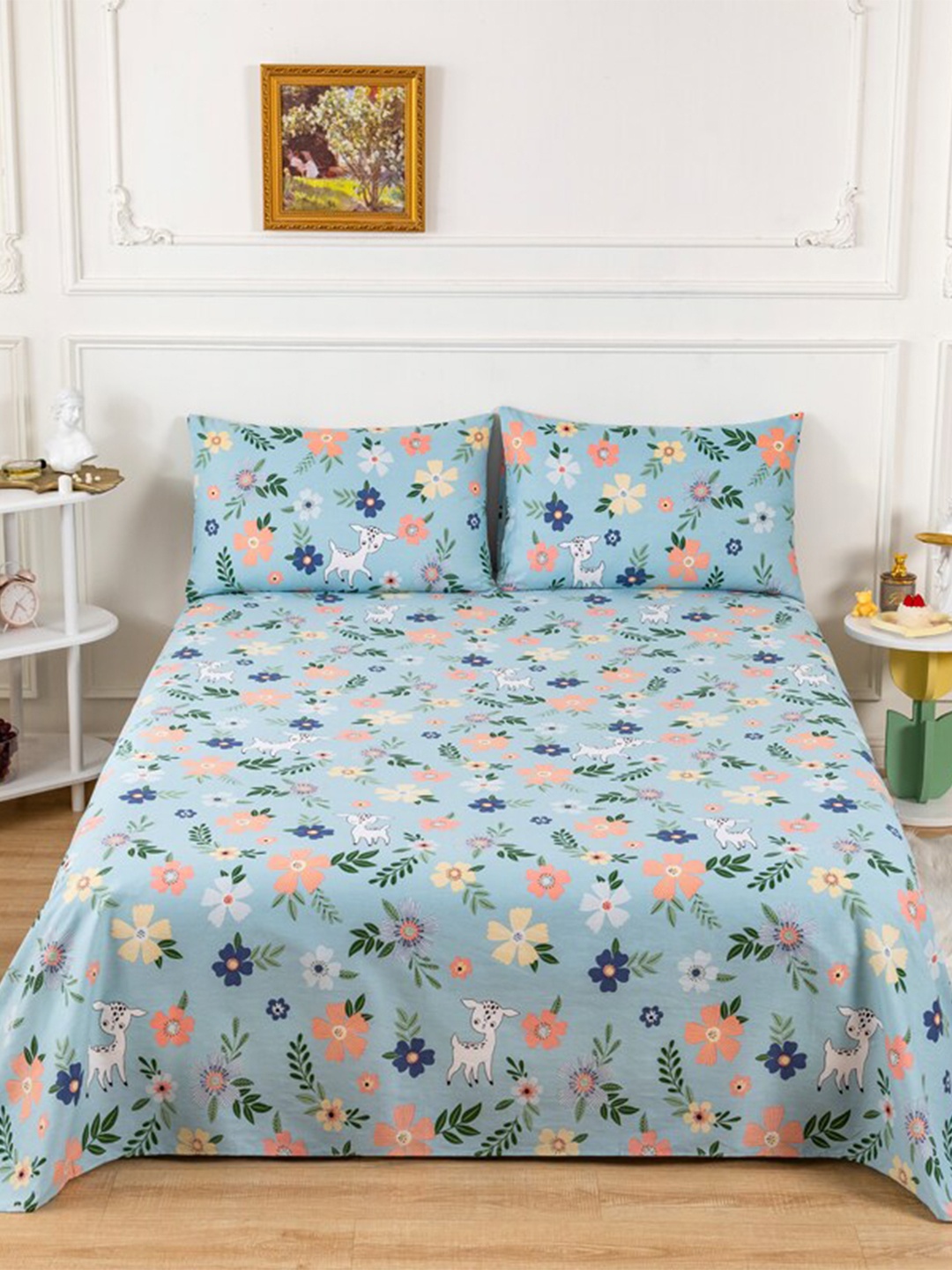 

JC HOME Blue & Pink Floral 200 TC Cotton King Bedsheet with 2 Pillow Covers