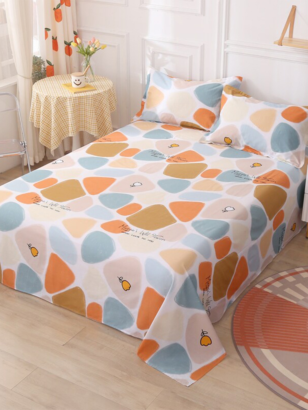 

JC HOME White & Orange 200 TC Cotton King Bedsheet with 2 Pillow Covers