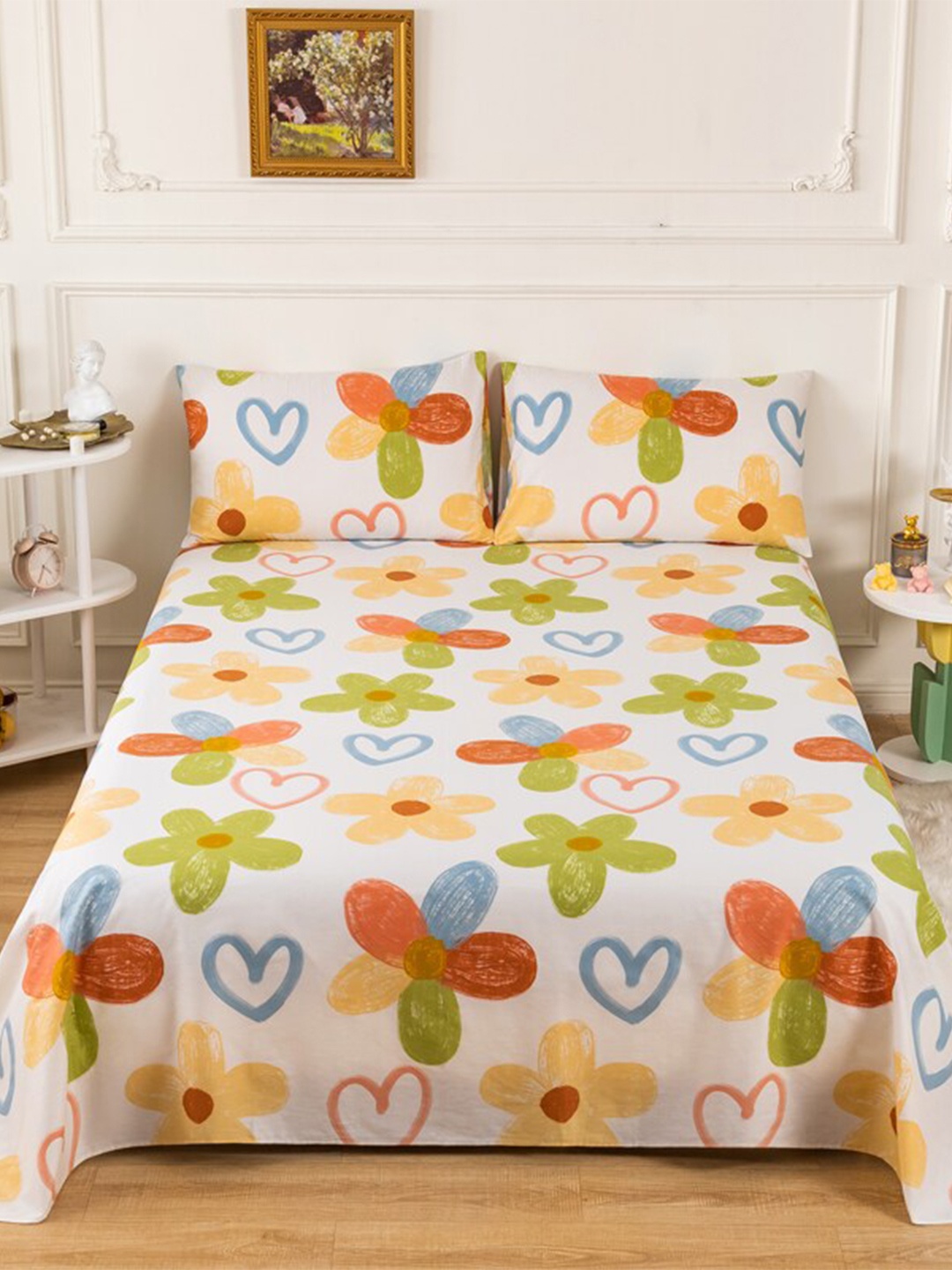 

JC HOME White & Orange 200 TC Cotton Queen Bedsheet with 2 Pillow Covers