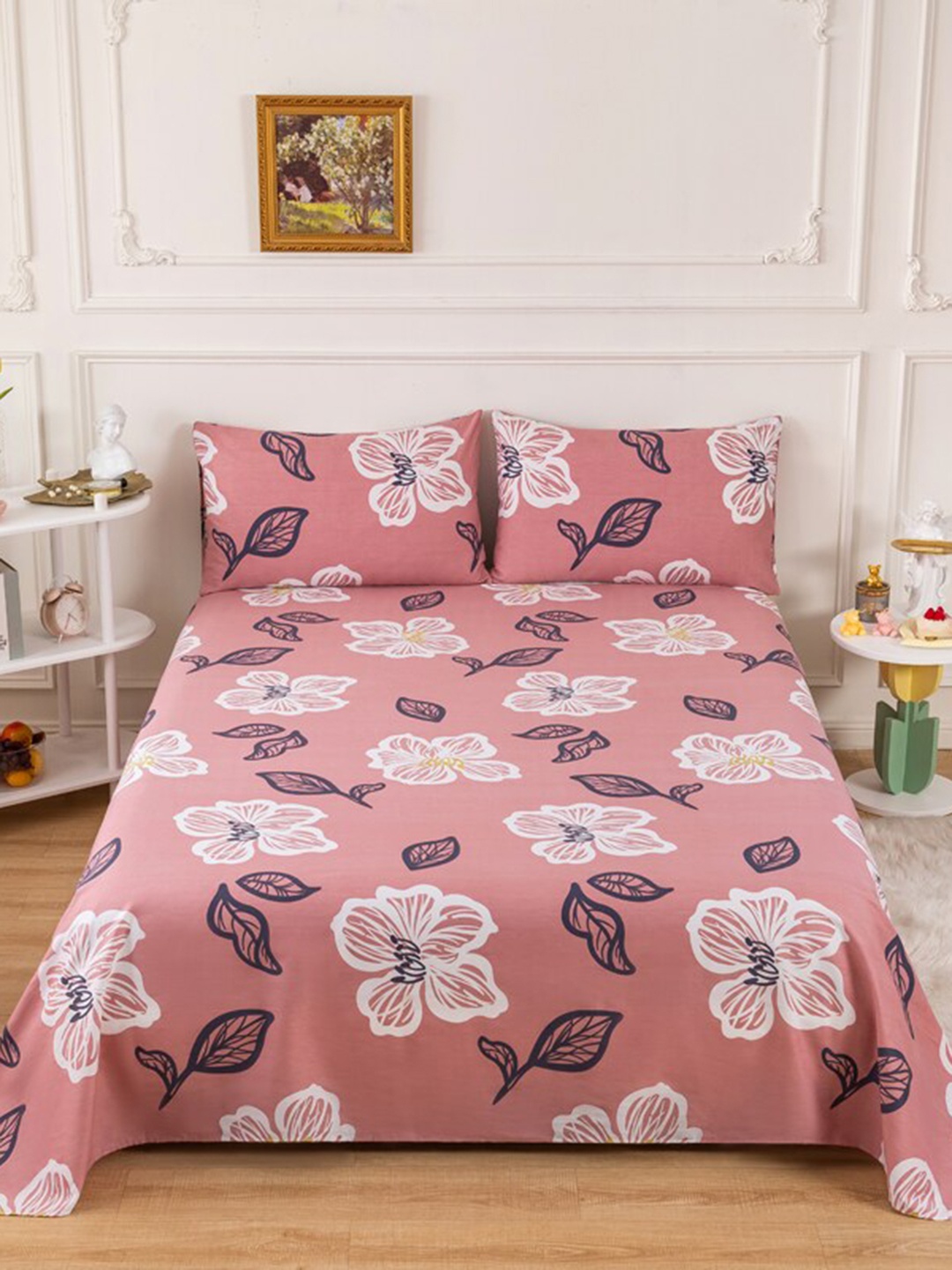 

JC HOME Pink White 200 TC Cotton Queen Bedsheet with 2 Pillow Covers