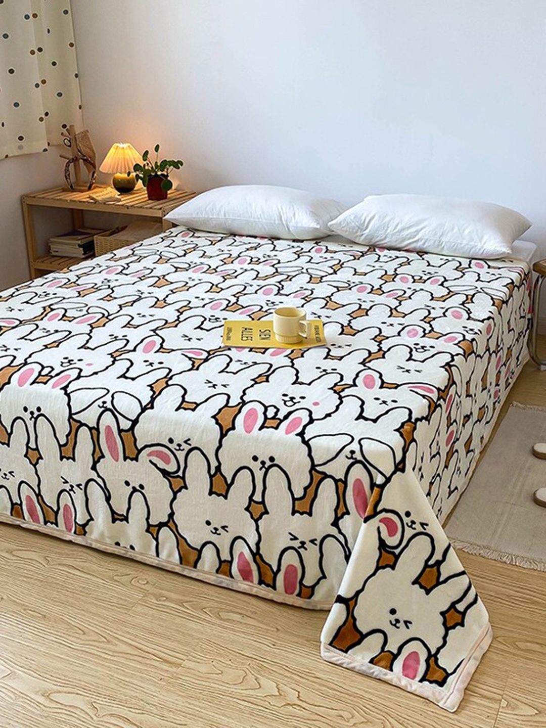 

JC Collection White & Pink Cartoon Characters AC Room 300 GSM Double Bed Blanket