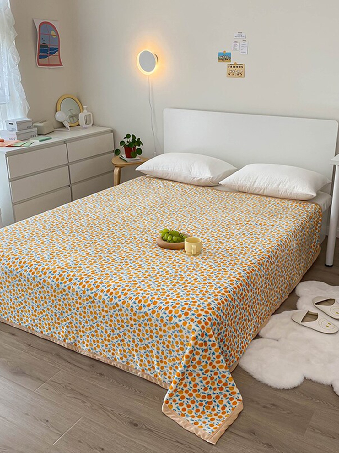 

JC Collection White & Orange Floral AC Room Double Bed Blanket
