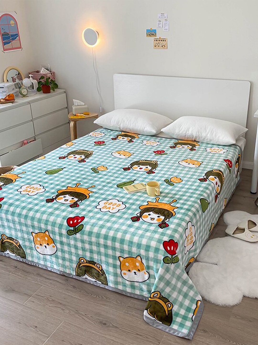 

JC Collection Green & Yellow Cartoon Character AC Room Double King Bed Blanket