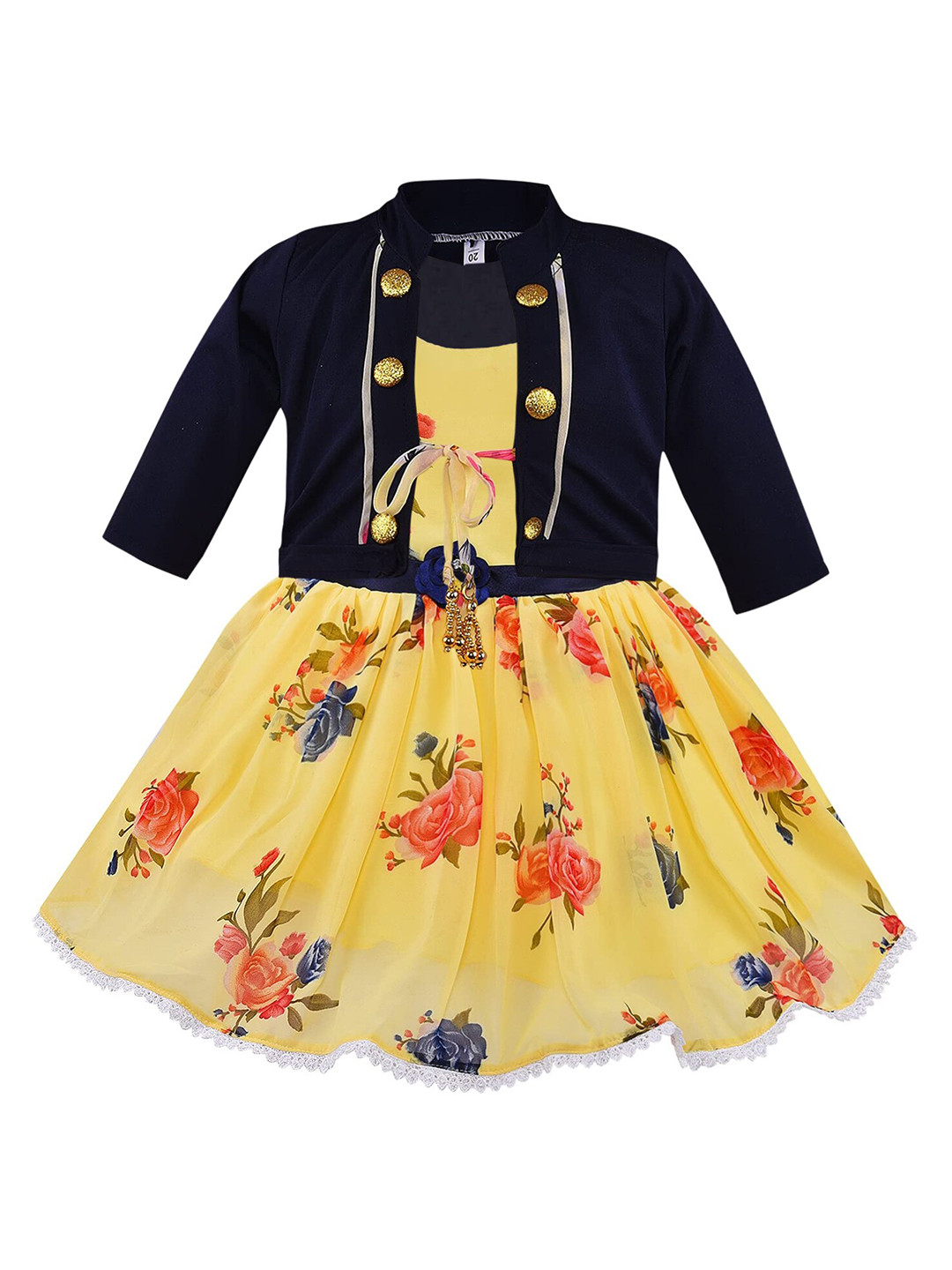 

Wish Karo Girls Floral Printed Georgette Fit & Flare Dress With Jacket, Yellow
