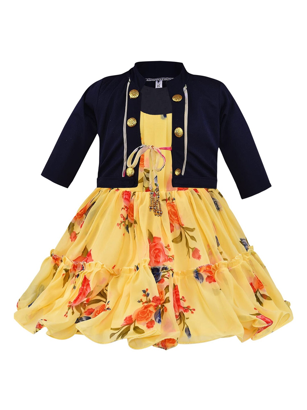 

Wish Karo Girls Floral Printed Georgette Fit & Flare Dress With Jacket, Yellow
