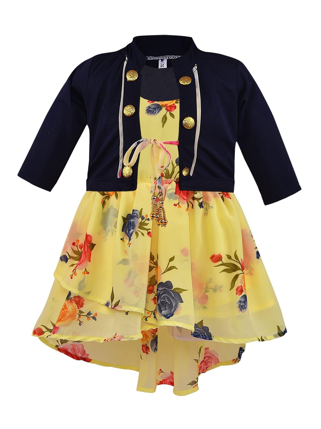 

Wish Karo Girls Floral Printed Georgette Fit & Flare Dress With Jacket, Yellow