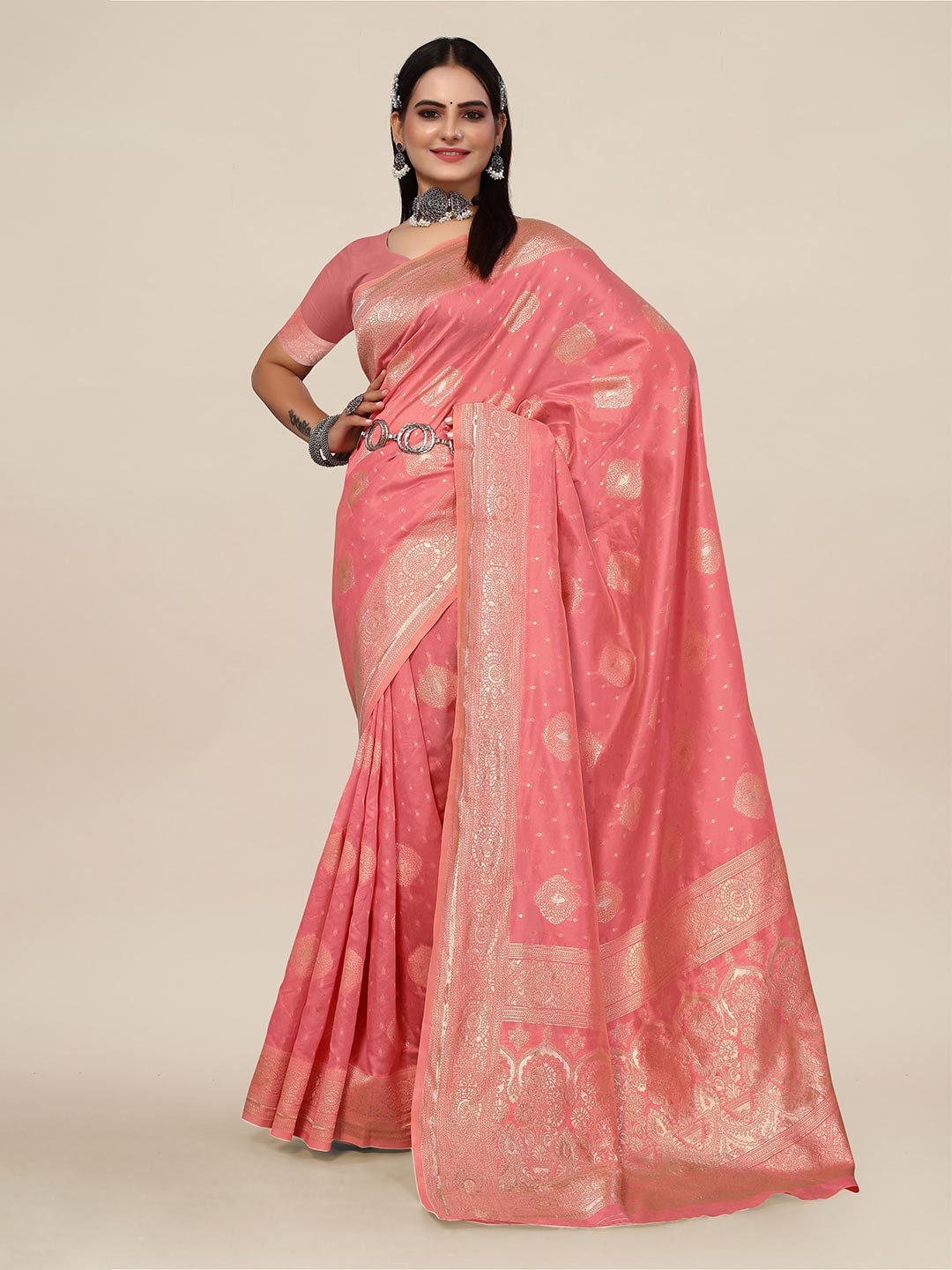 

SHAYRI Ethnic Motifs Woven Design Banarasi Saree, Pink