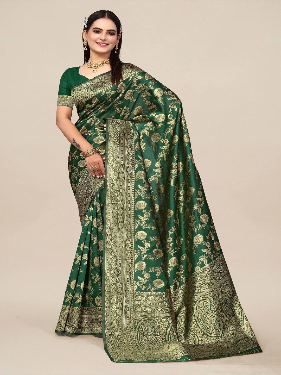 

SHAYRI Ethnic Motifs Woven Design Banarasi Saree, Green