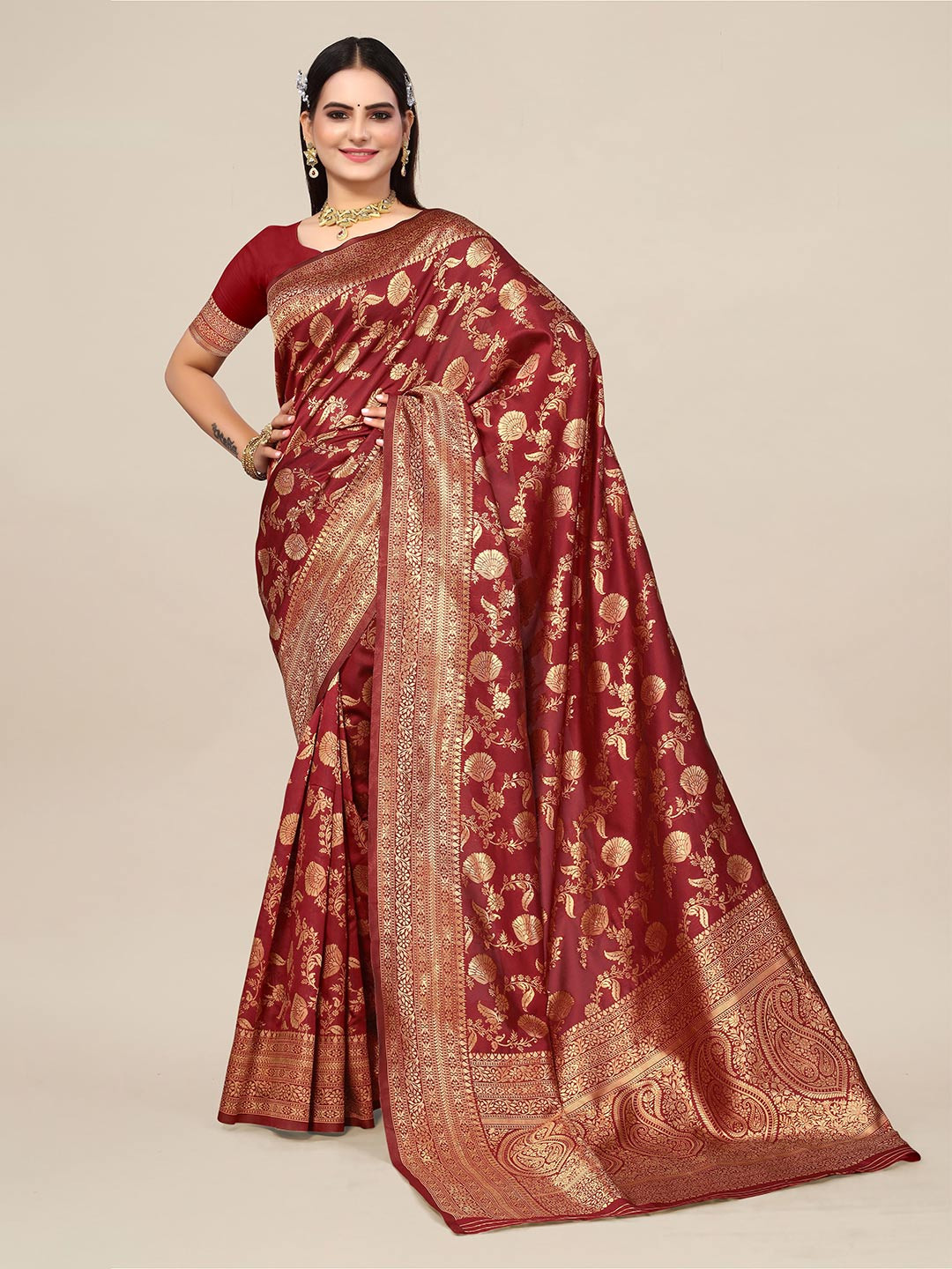 

SHAYRI Ethnic Motifs Woven Design Banarasi Saree, Maroon