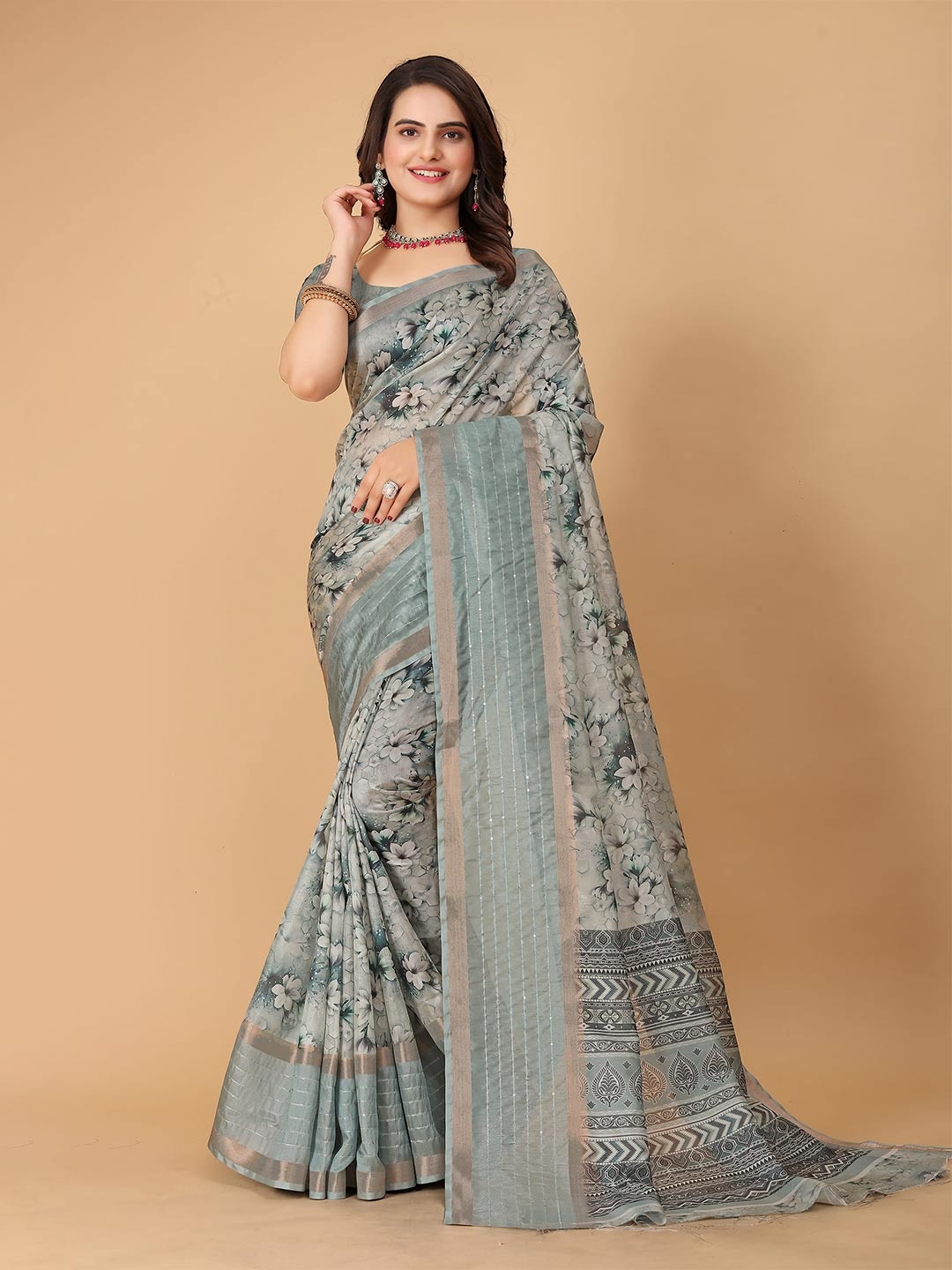 

SHAYRI Floral Printed Maheshwari Saree, Green