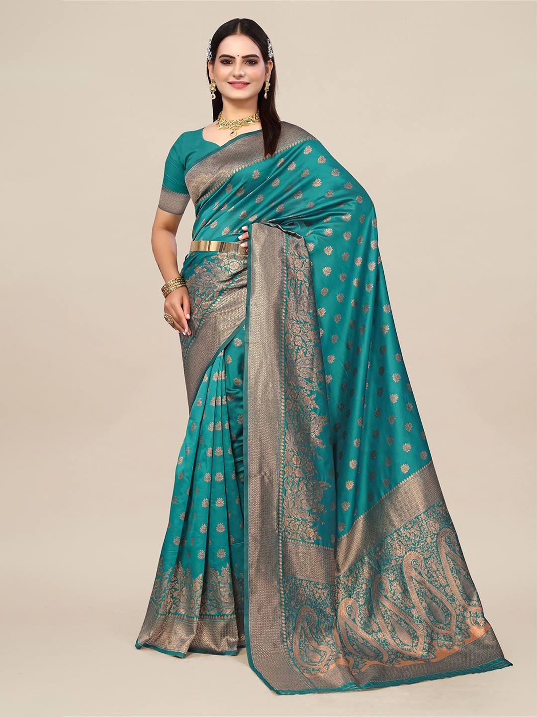 

SHAYRI Ethnic Motifs Woven Design Banarasi Saree, Green