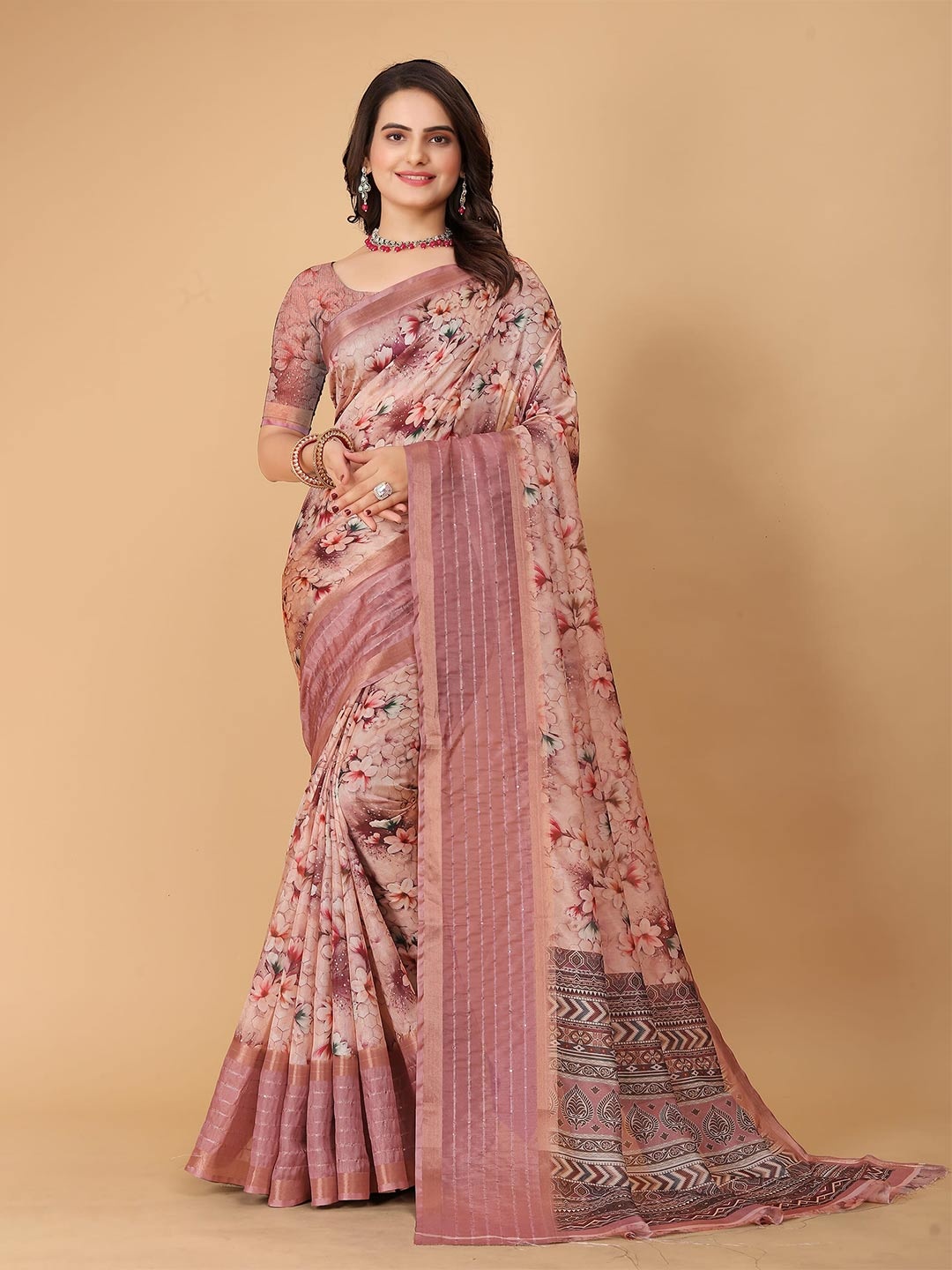 

SHAYRI Floral Printed Maheshwari Saree, Peach