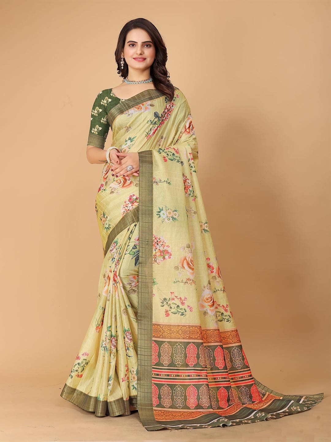 

SHAYRI Floral Printed Maheshwari Saree, Green