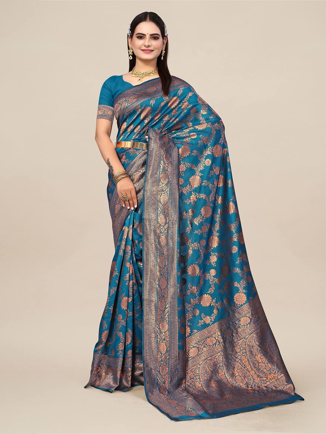 

SHAYRI Ethnic Motifs Woven Design Banarasi Saree, Blue