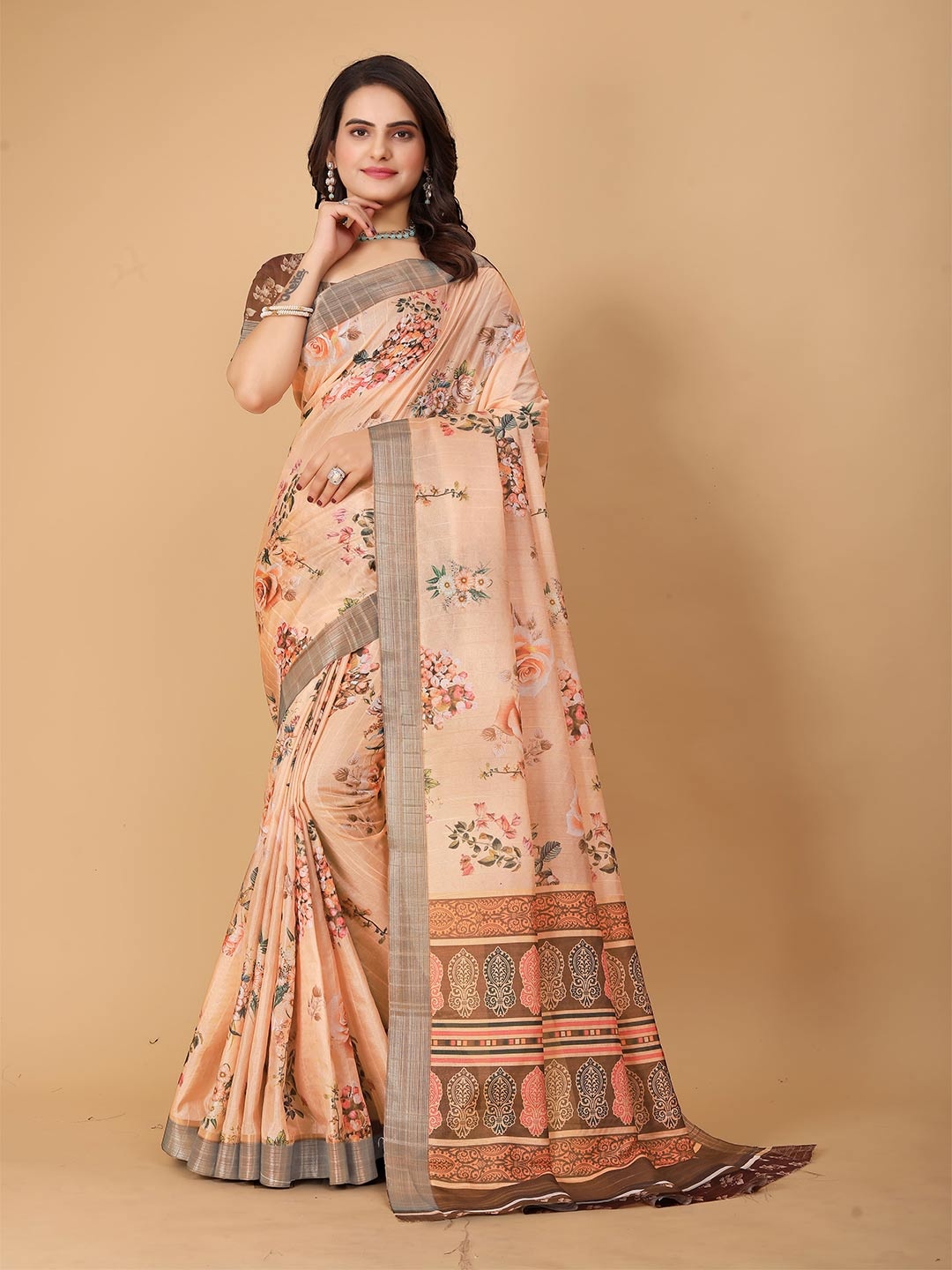 

SHAYRI Floral Printed Maheshwari Saree, Peach
