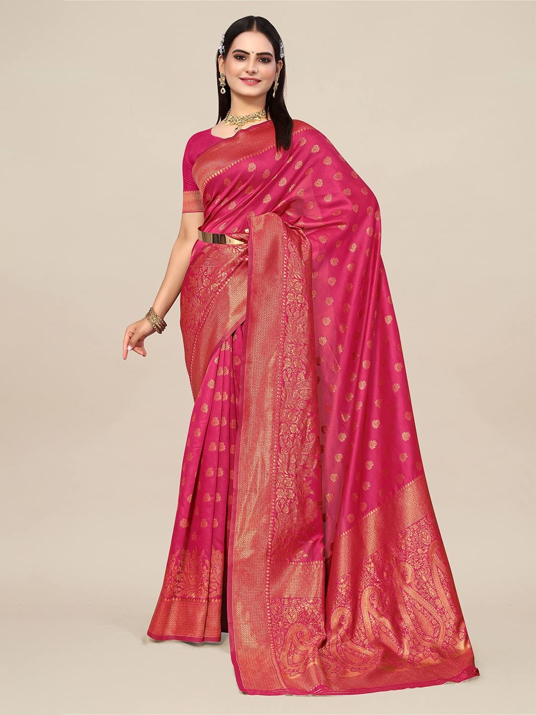 

SHAYRI Ethnic Motifs Woven Design Banarasi Saree, Rose